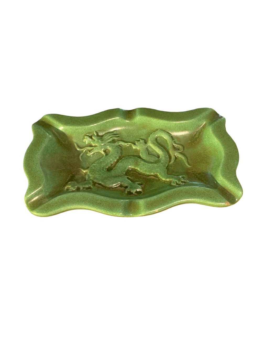 Vintage Green Ceramic Molded Dragon Wavy Ashtray